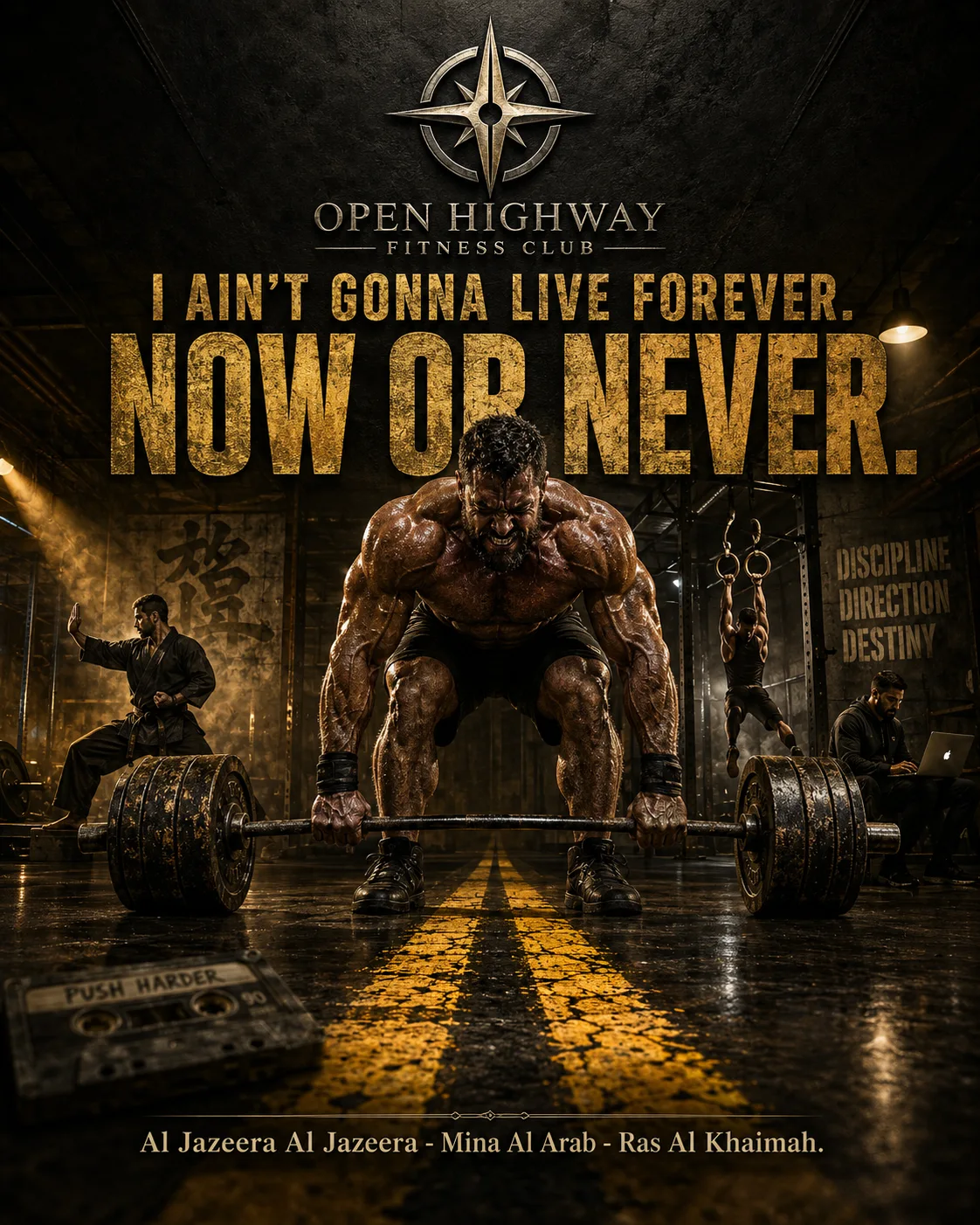 First attempt result of AI and human creative collaboration framework applied to gym campaign, showing highway floor lines and cassette tape cognitive hook