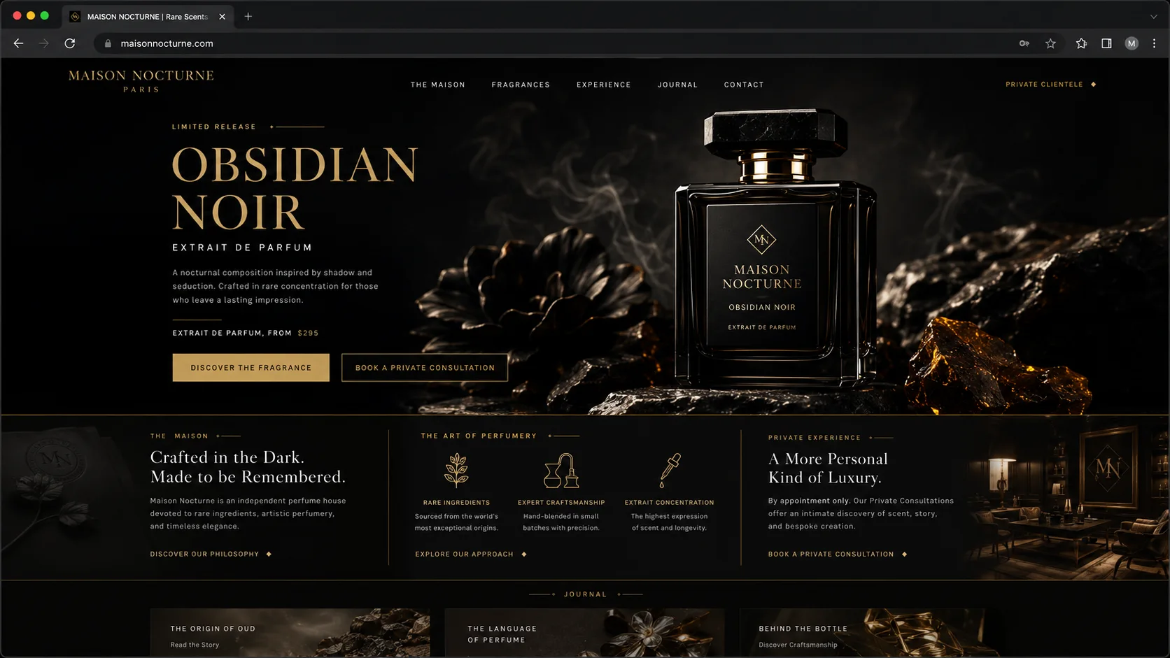 Dark high contrast homepage mockup with gold accents for a niche, luxury perfume brand