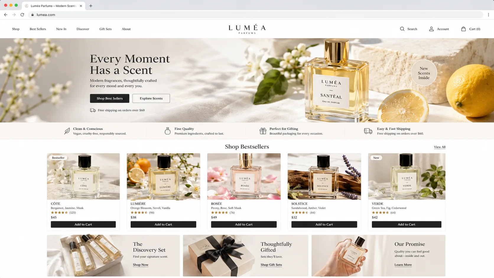 Light and airy homepage mockup with natural daylight tones for an everyday, accessible perfume brand
