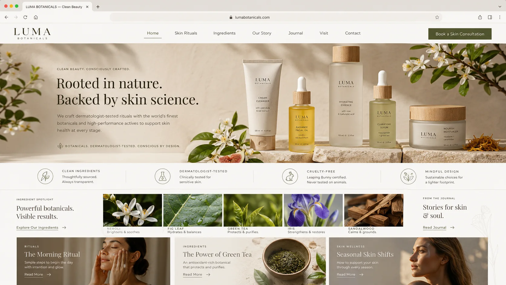 Natural earth tone homepage mockup direction for a mid-range clean beauty brand