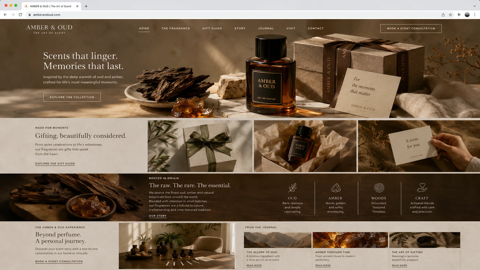 Earth tone homepage mockup with oud and amber inspired warmth for a mid-range gifting perfume brand