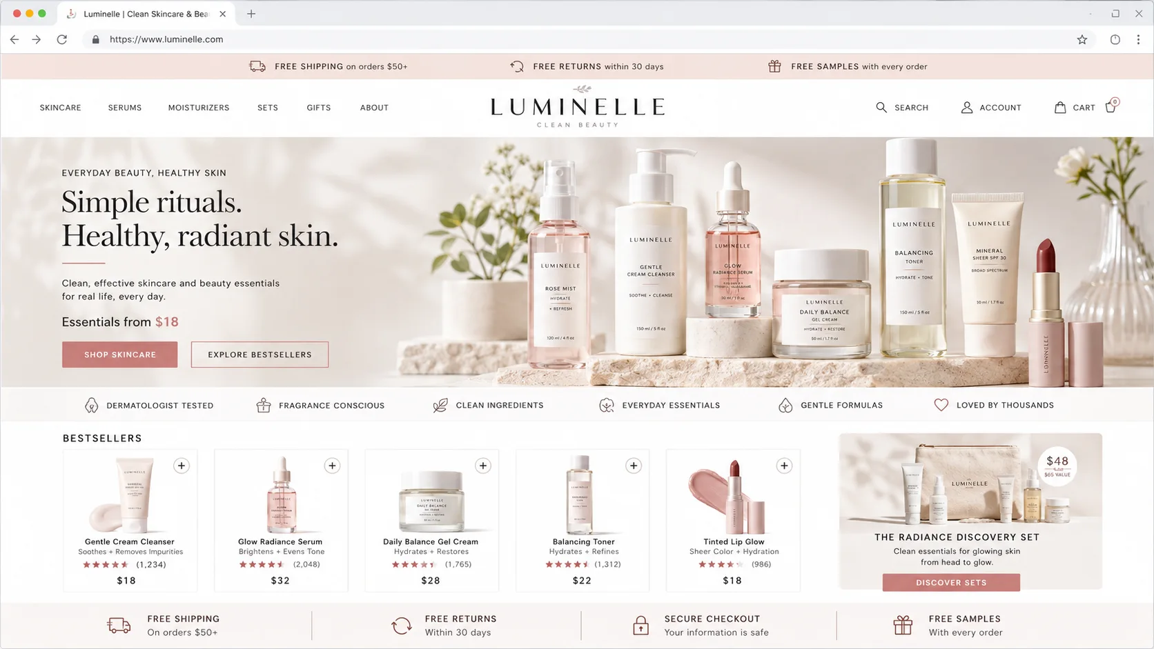 Light and airy homepage mockup direction for an everyday, accessible beauty brand