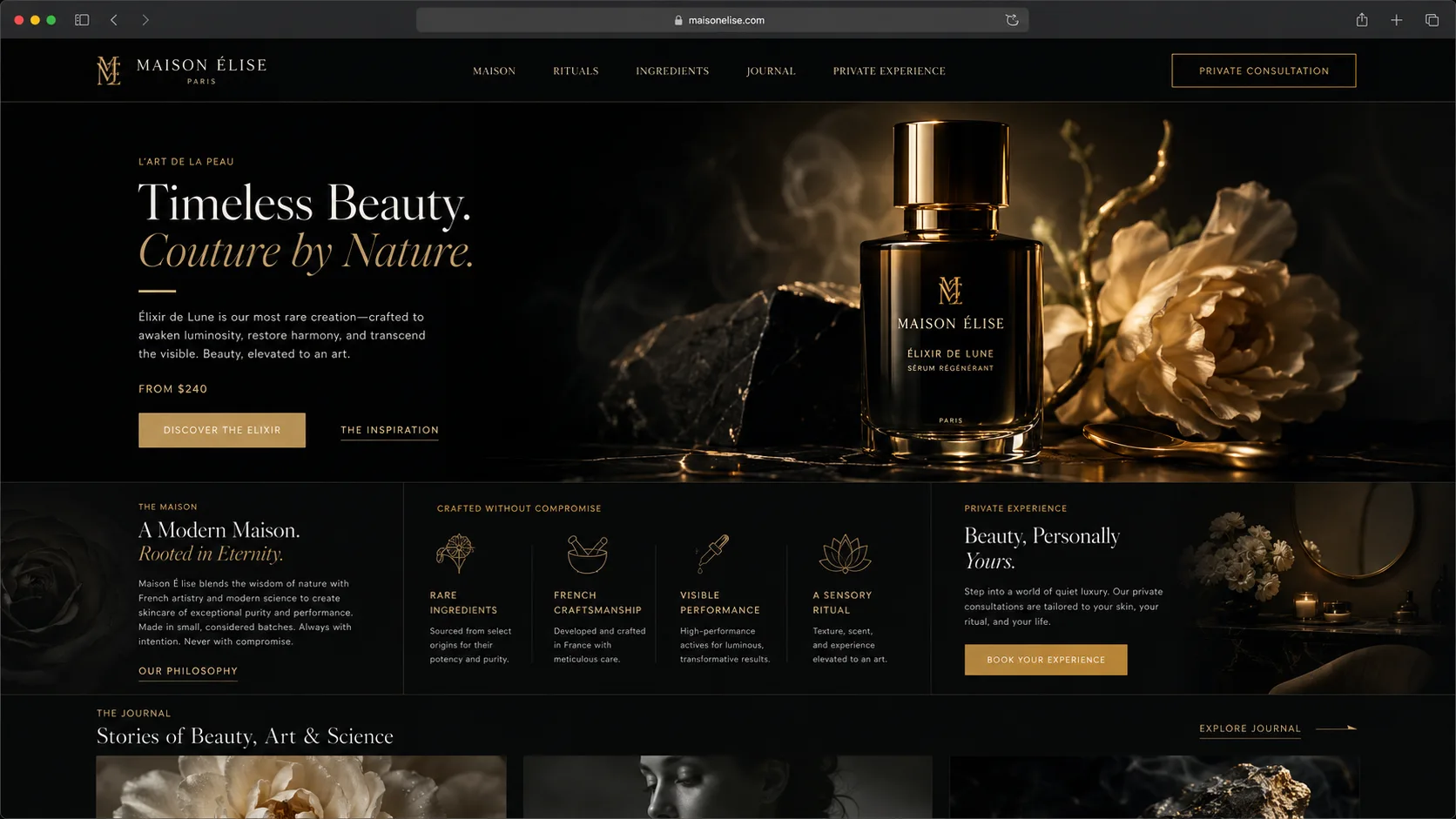 Dark high contrast homepage mockup direction for a niche, luxury cosmetics brand