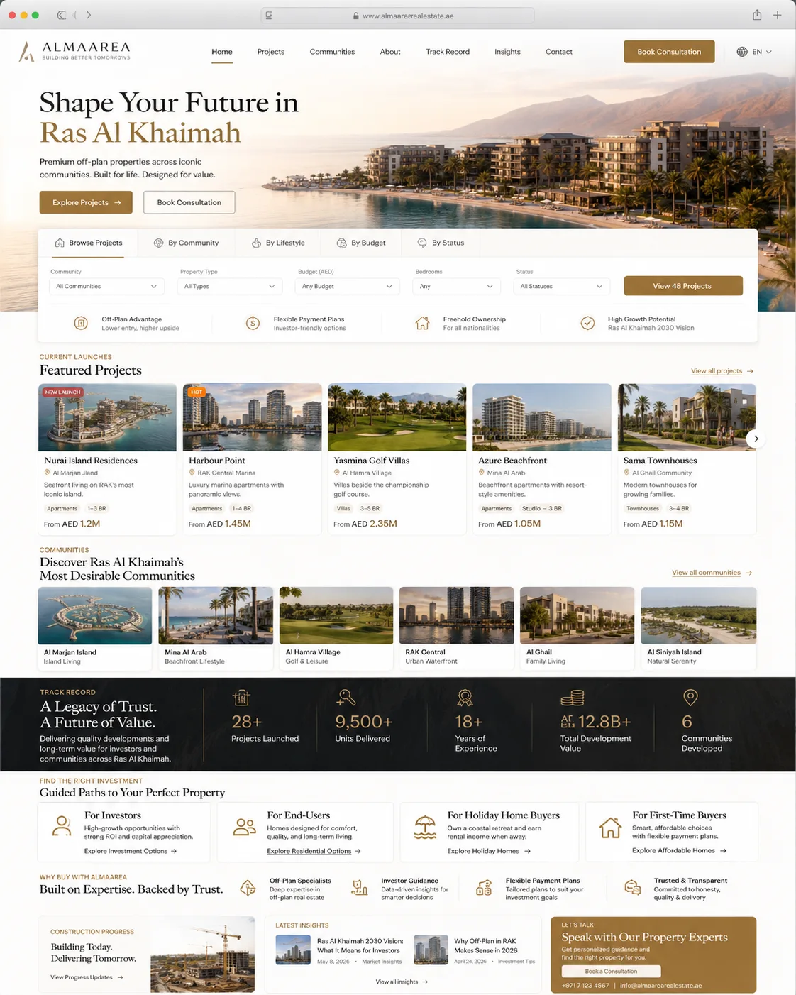 Developer portfolio homepage mockup with multi-project navigation and track record stats