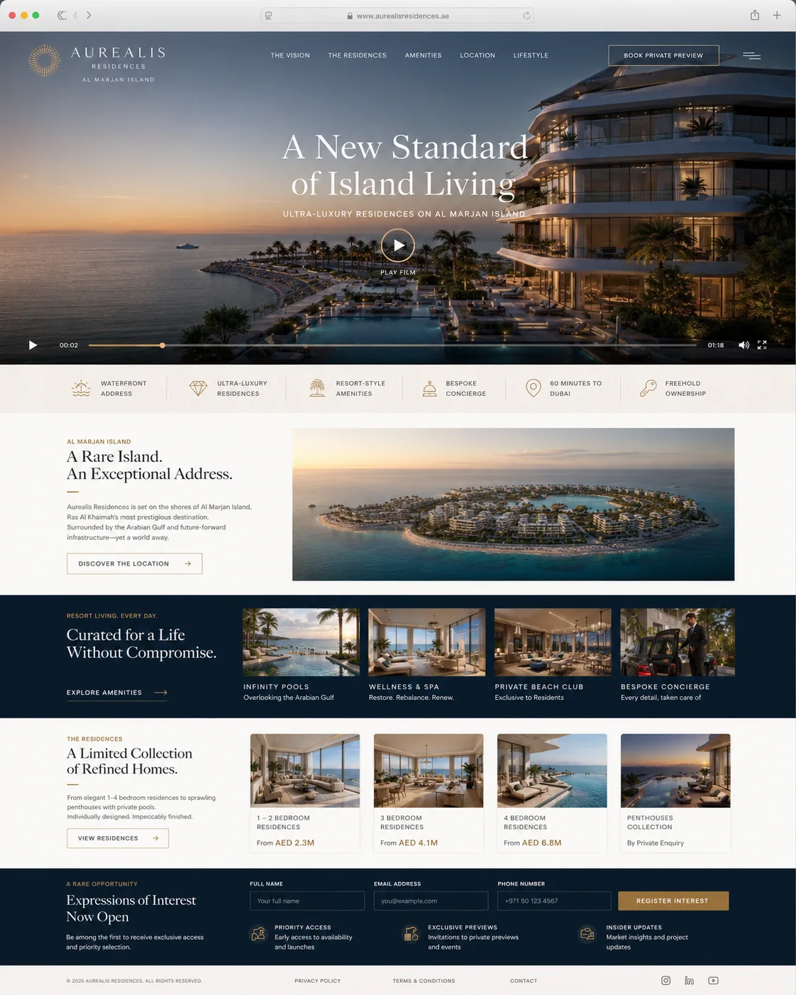 Luxury waterfront homepage mockup with cinematic video-first hero and minimal navigation