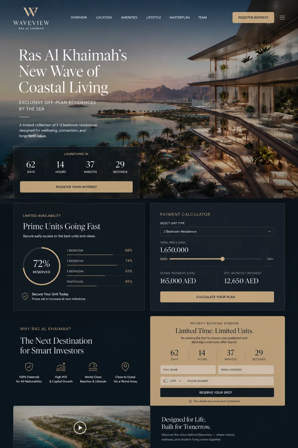 Off-plan launch homepage mockup with countdown timer and payment plan calculator