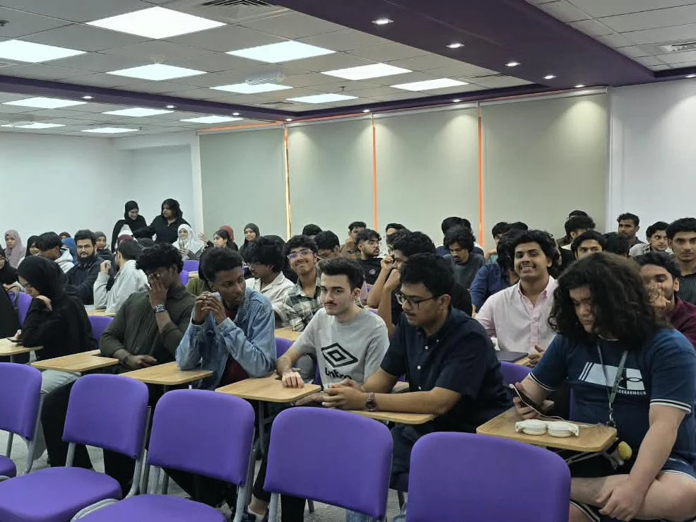 Kaan Bozoglu speaking to first-year students at London South Bank University in Ajman, October 2026