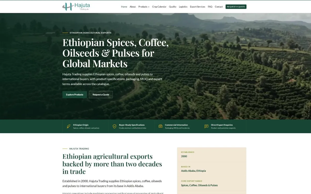 Hajuta Trading Ethiopian export web app homepage built by Titan Digital Marketing